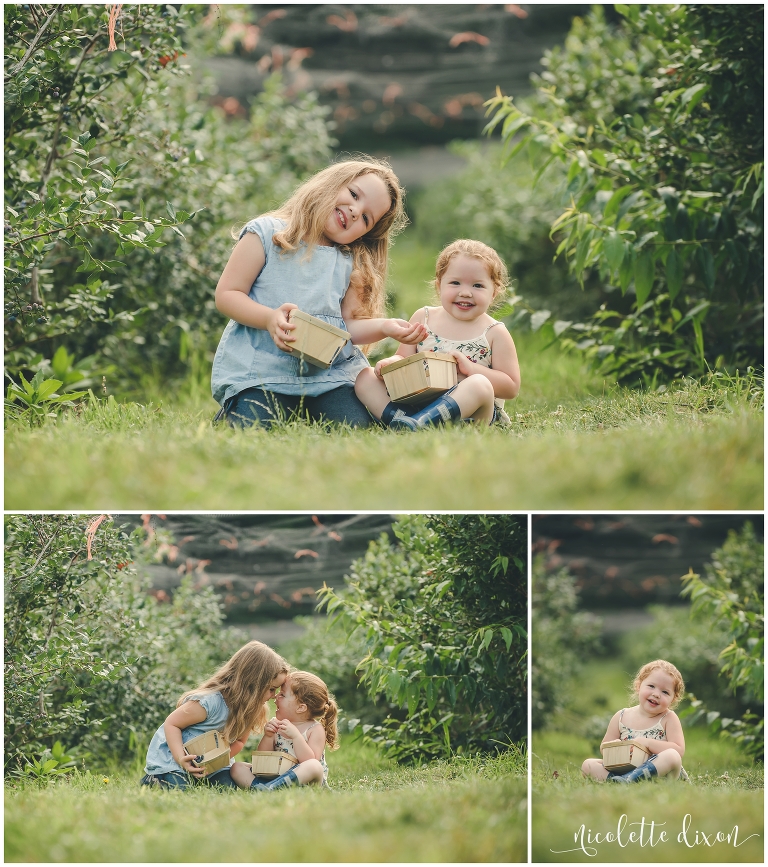 Girls sitting in blueberry field at Soergels in Wexford near Pittsburgh