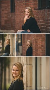 Senior girl standing next to brick wall in the North Shore near Pittsburgh