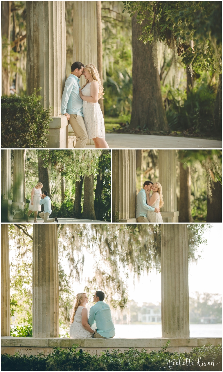 Bride and groom kissing each other by columns 