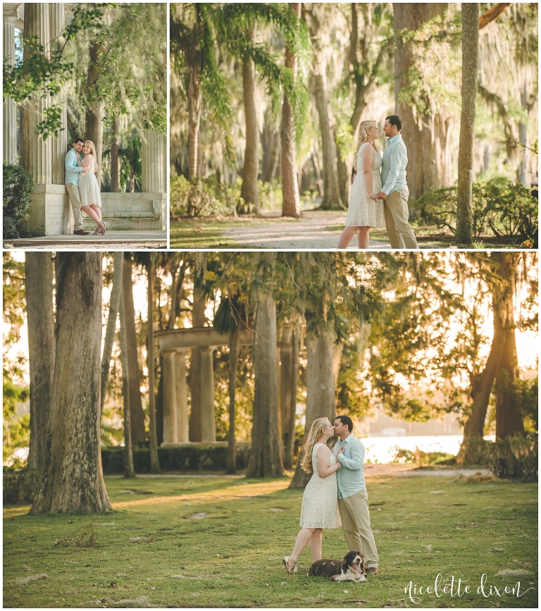 Bride and groom standing in a park at sunset