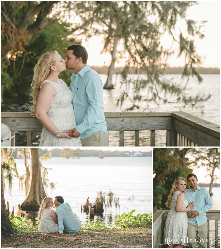 Bride and groom standing on a dock looking at each other