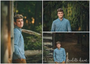 Senior boy standing next to cabin at Robin Hill Park near Pittsburgh