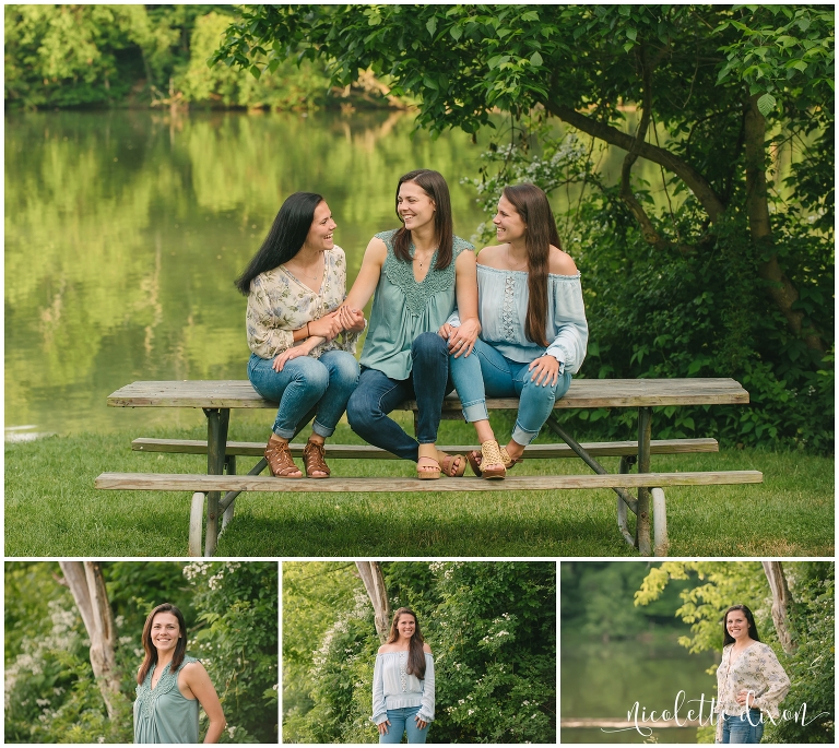Sisters laughing at each other while sitting on picnic table at Peters Lake Park near Pittsburgh