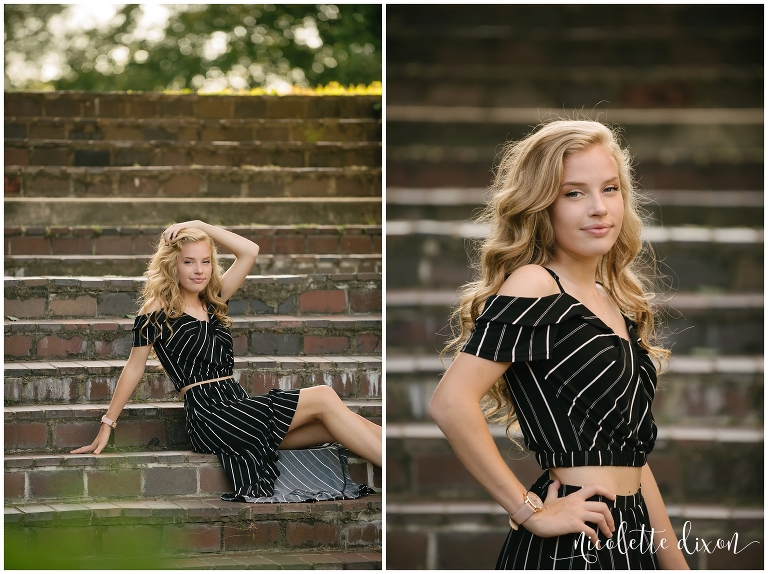 High school senior girl sitting on steps at Mellon Park near Piitsburgh