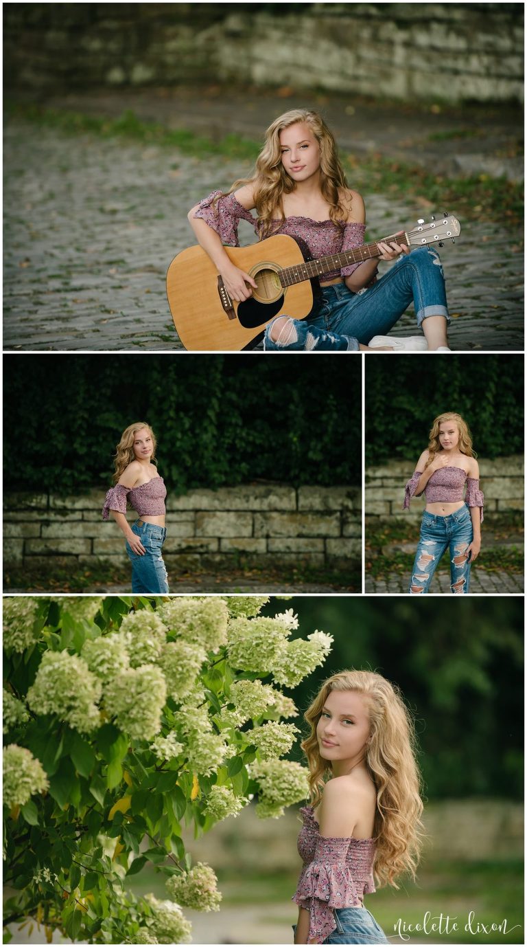 High school senior girl playing guitar at Mellon Park near PIttsburgh