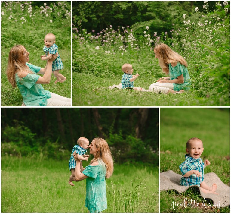 Mother playing with baby boy in Robin Hill Park near Pittsburgh