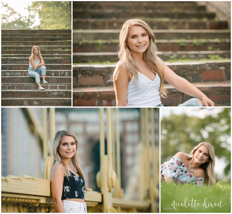 High school senior girl poses on stairs, grass and in front of a bridge in downtown PIttsburgh