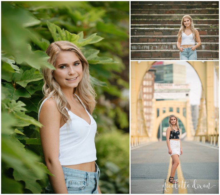 High school senior girl stands in foliage and against staircase in Mellon Park near Pittsburgh