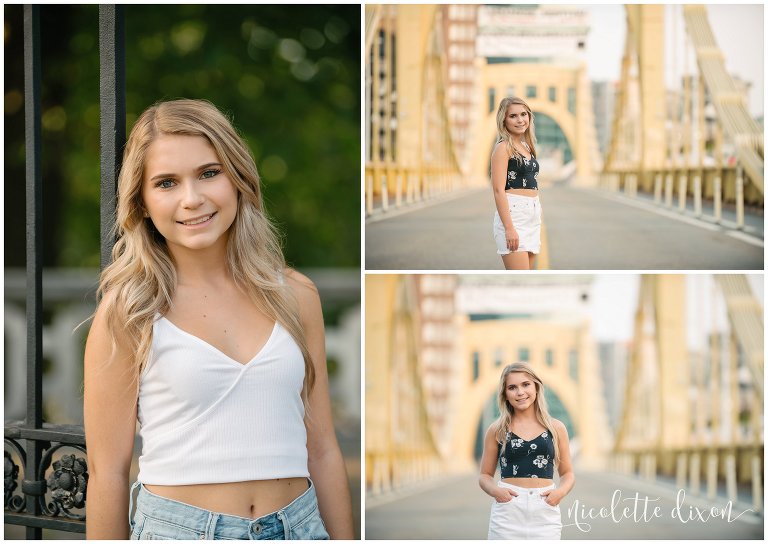 Senior girl poses on bridges and in front of walled garden at Mellon Park near Pittsburgh