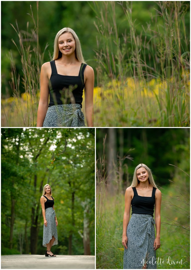 High school senior girl strolls through Sewickley Heghts Borough Park near Pittsburgh