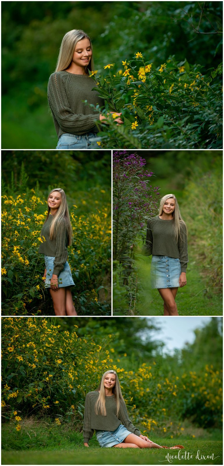 High school senior girl smells the flowers in Sewickley Heights Borough Park near Pittsburgh