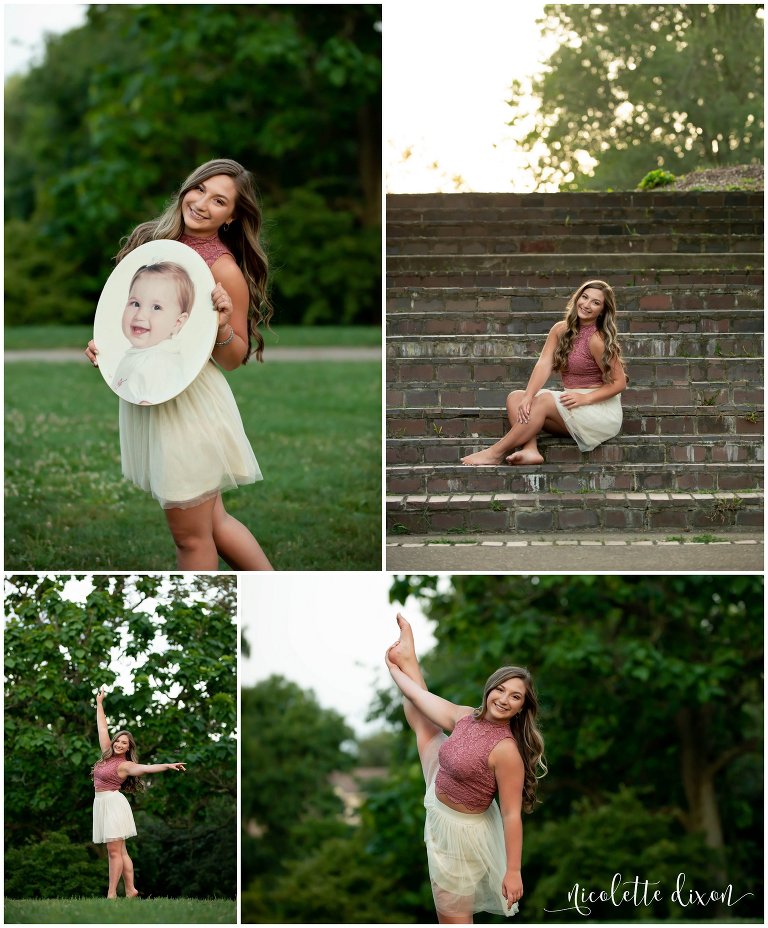 Young woman holds her baby picture and poses in Mellon Park near Pittsburgh