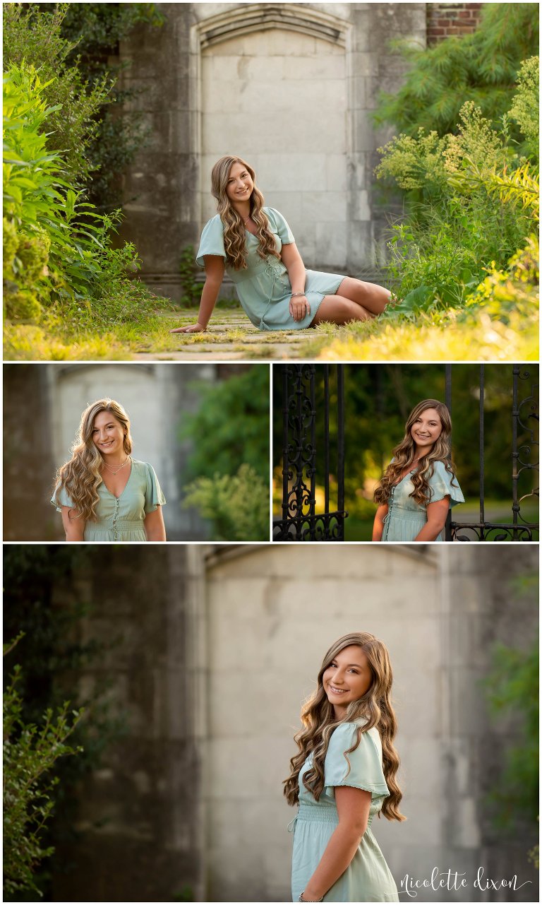 High school senior relaxes in front of stone wall in Mellon Park near PIttsburgh