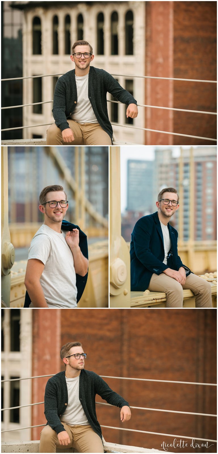 High school senior boy poses on bridges in downtown Pittsburgh