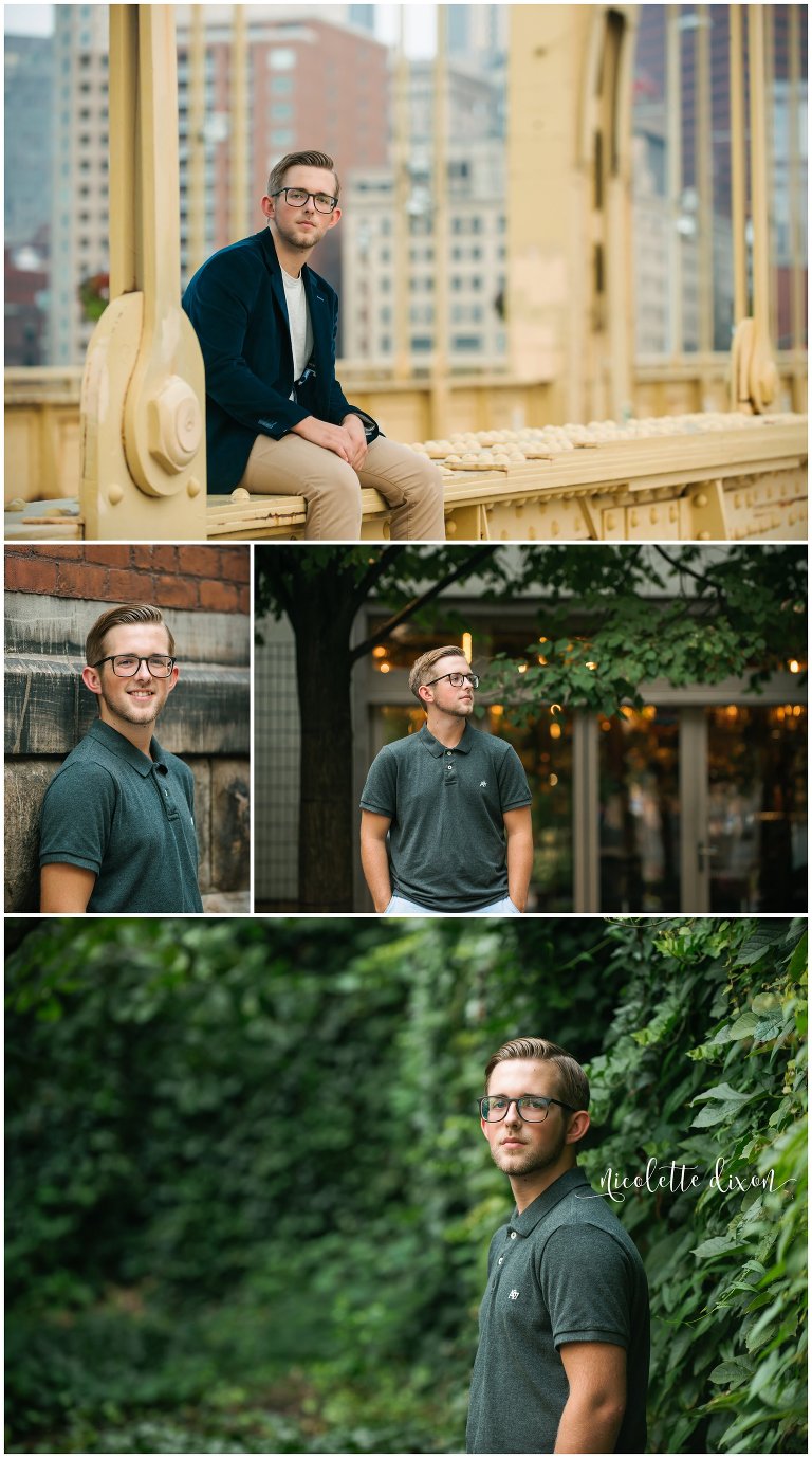 High school senior boy stands against interesting wall in downtown Pittsburgh