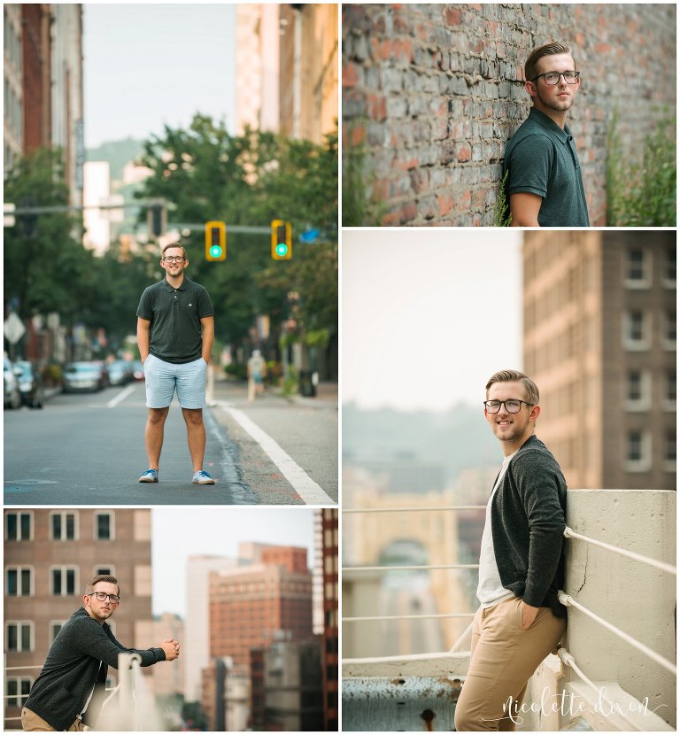 High school senior boy poses in downtown Pittsburgh