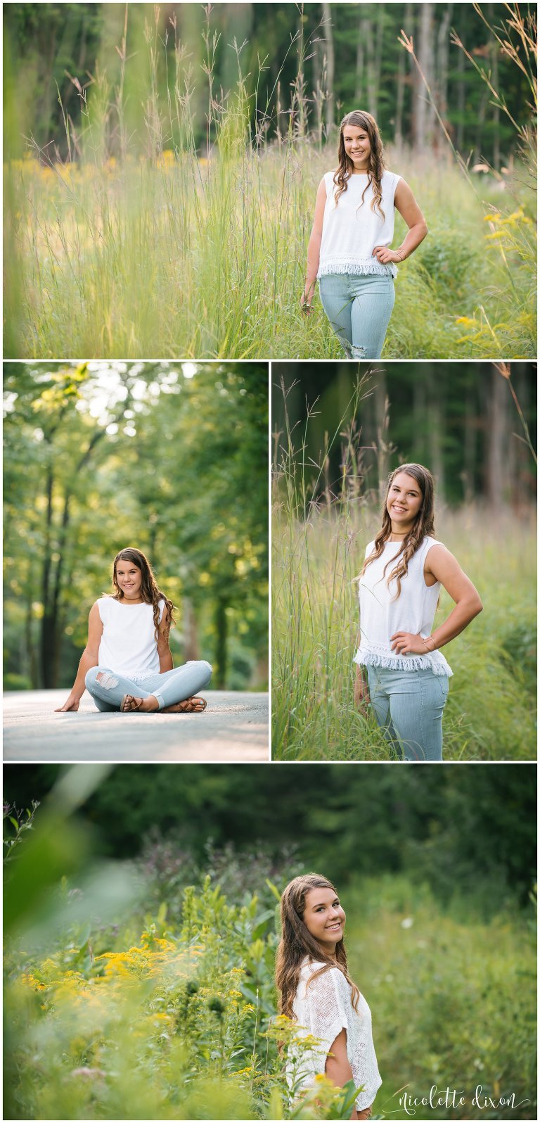 High school senior girl poses among wildflowers at Sewickley Heights Borough Park near Pittsburgh