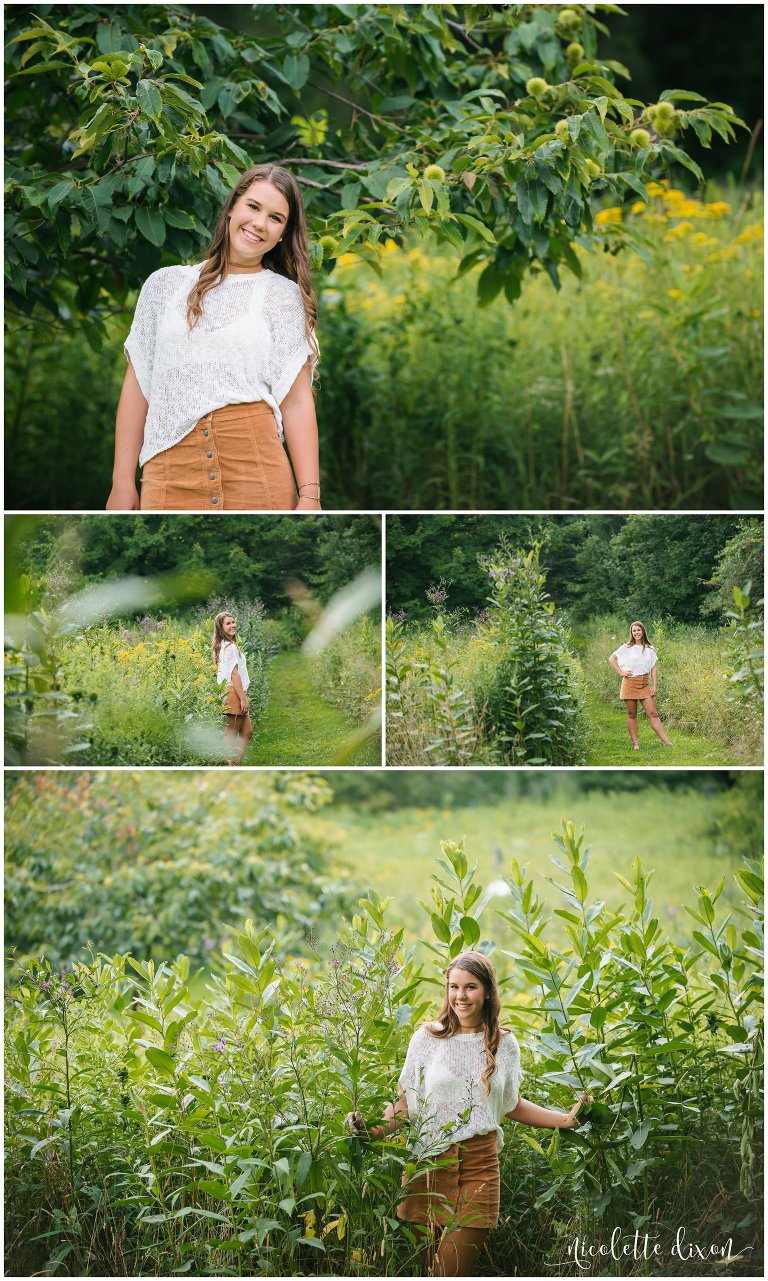 High school senior walks among wildflowers in Sewickley Heights Borough Park near Pittsburgh