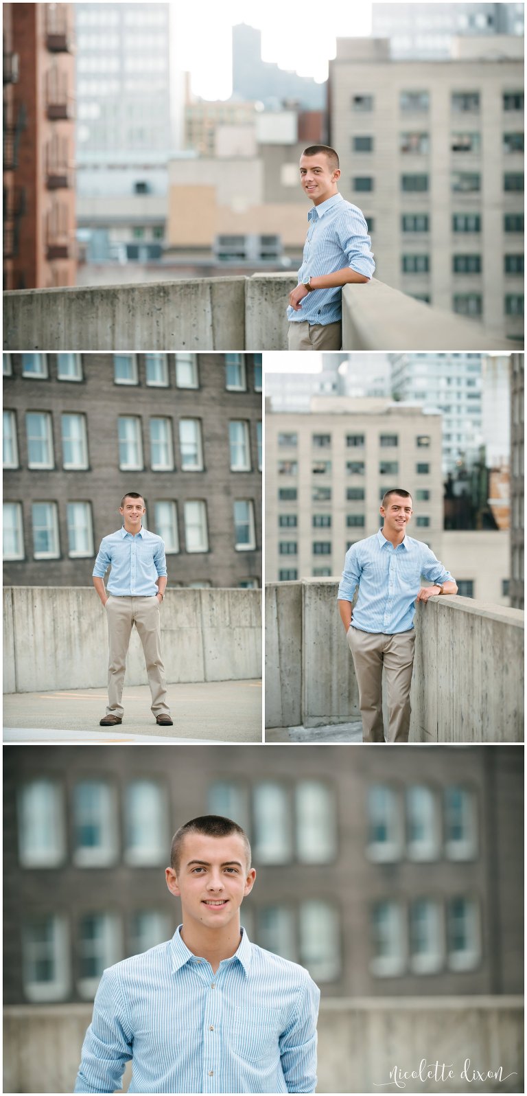 High school senior boys stands on roof in downtown Pittsburgh