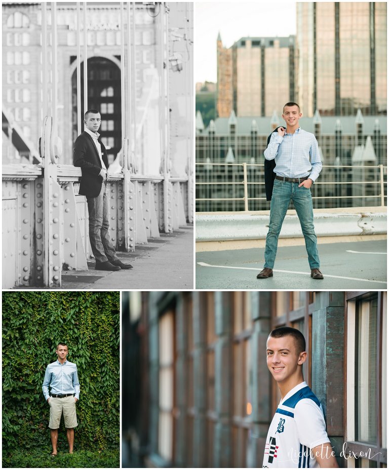 High school senior boy stands against interesting walls in downtown Pittsburgh