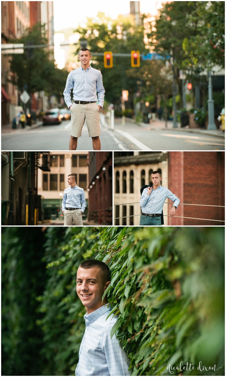 High school senior boy poses in downtown Pittsburgh