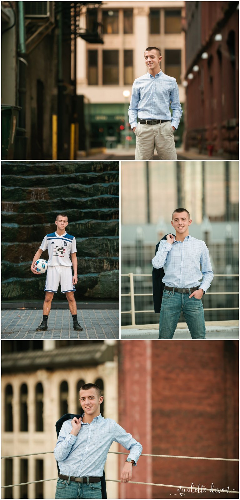 High school senior boy poses in soccer uniform in downtown Pittsburgh