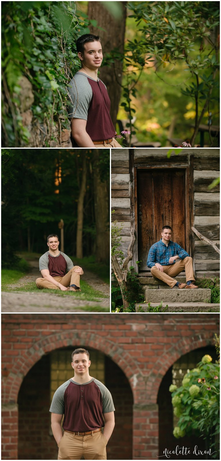 High school senior boy sits on steps and paths in Robin Hill Park near Pittsburgh