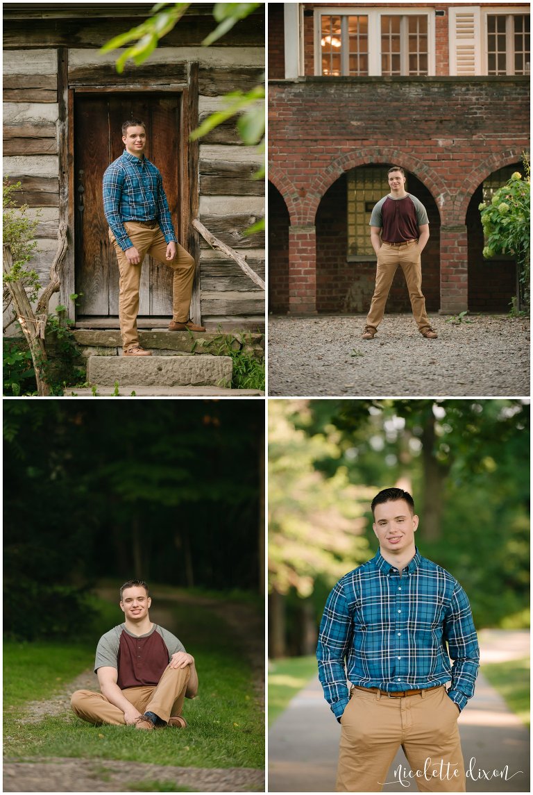 High school senior boy stands in front of old cabin and archways in Robin Hill Park near Pittsburgh