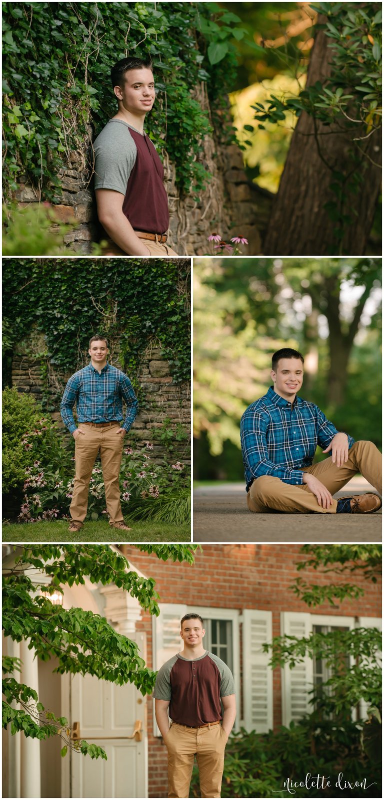 High school senior boy stands among greenery in Robin Hill Park near Pittsburgh