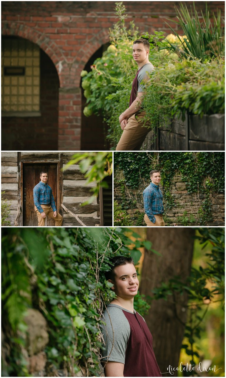 High school senior boy poses in front of walled structures in Robin Hill Park near Pittsburgh