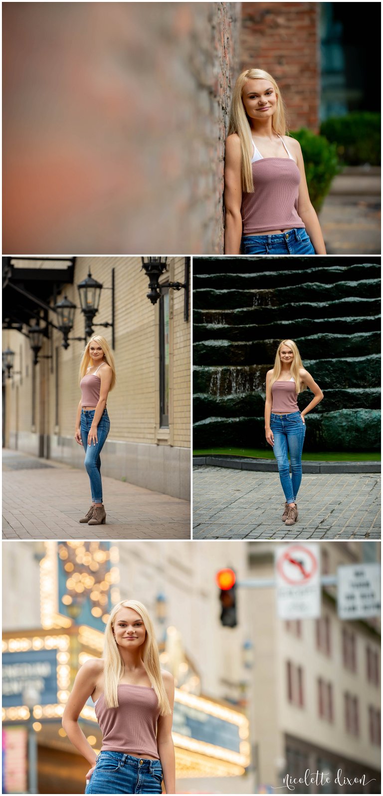 High school senior poses in front of fountain in downtown Pittsburgh