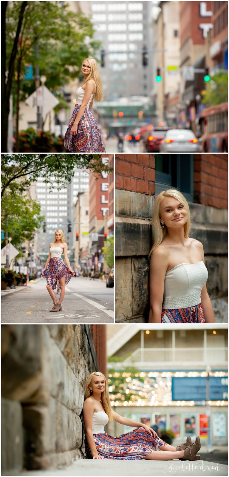 High school senior girl twirls her skirt in downtown Pittsburgh