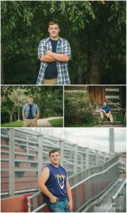 High school senior boy stands in Moon Township football stadium near Pittsburgh