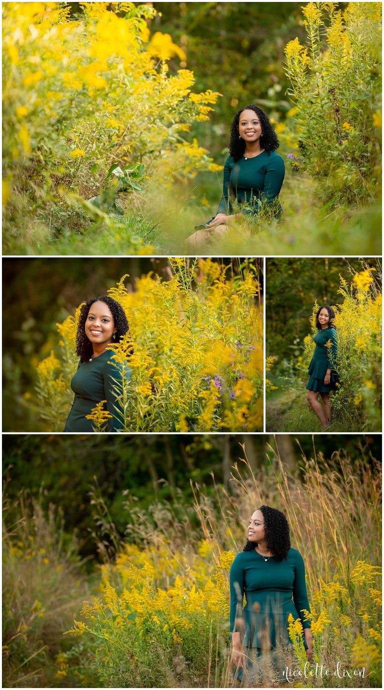 High School Senior Girl Standing in Yellow Flowers in Greensboro NC