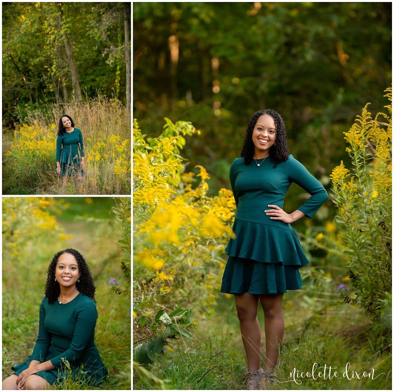 High School Senior Girl Standing Next to Yellow Flowers in Greensboro NC