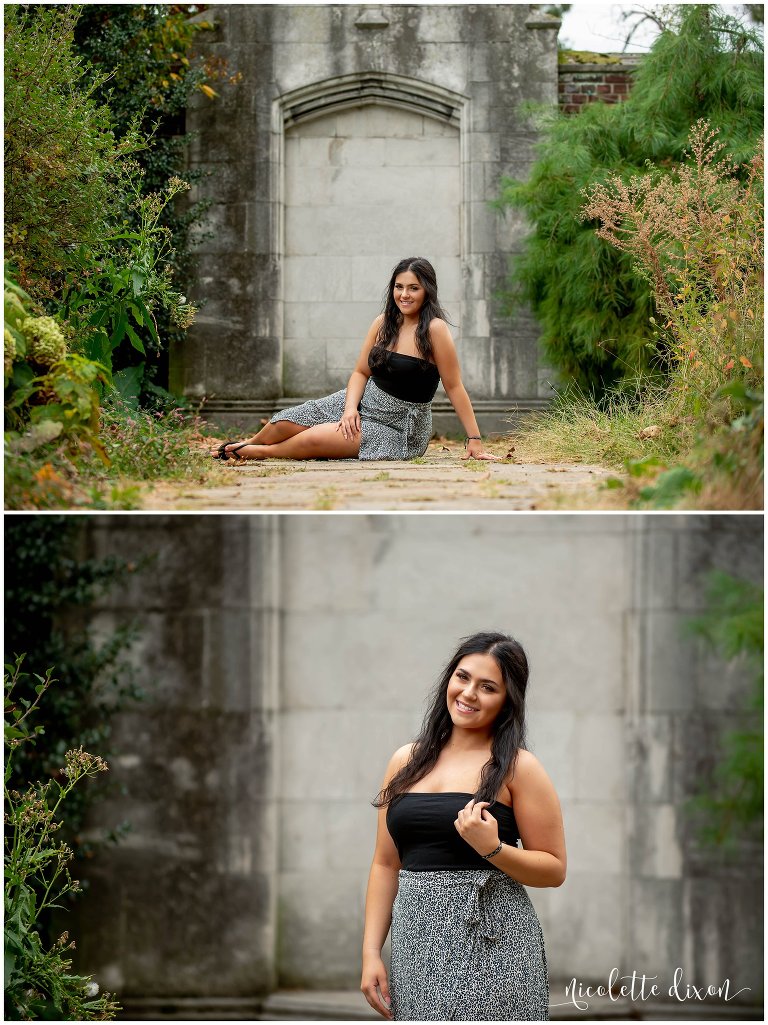 High School Senior Girl Standing in Front of Stone Wall in Greensboro NC