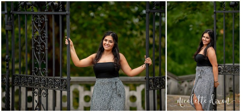 High School Senior Girl Standing Next to Wrought Iron Gate in Greensboro NC