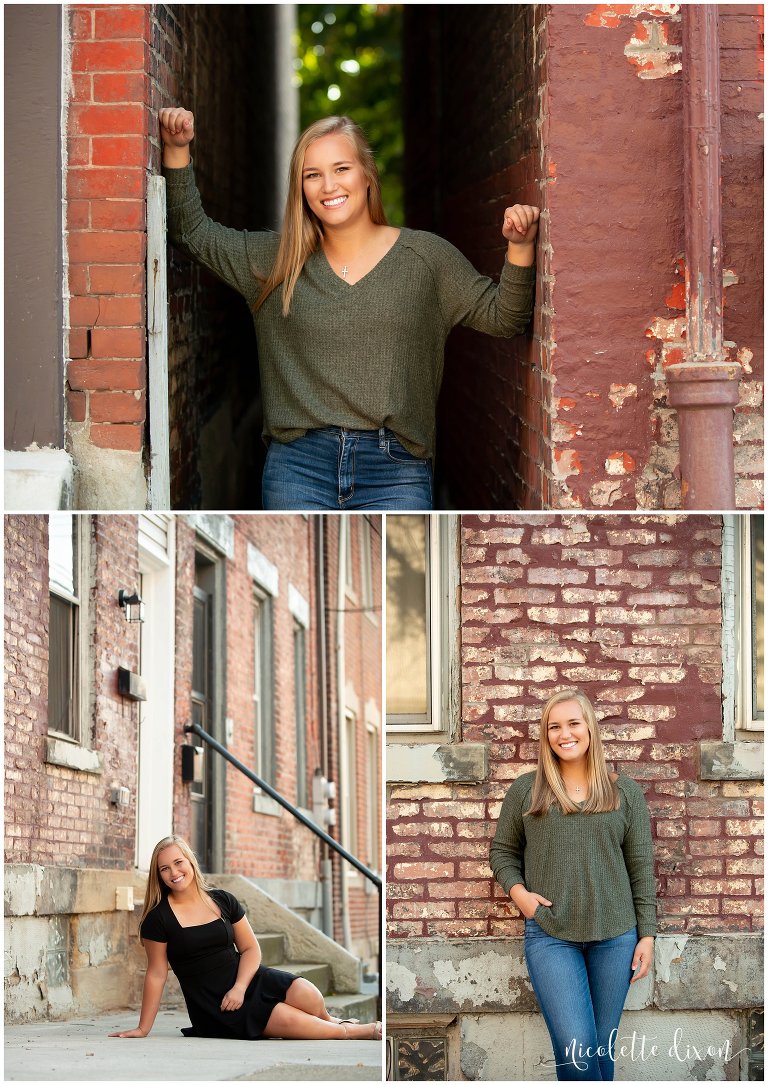 High School Senior Girl Standing Next to Brick Building in Kernersville near Greensboro NC