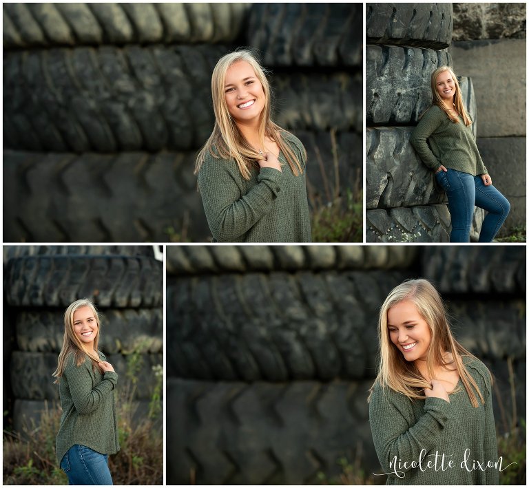 High School Senior Girl Standing Next to Tires in Kernersville near Greensboro NC