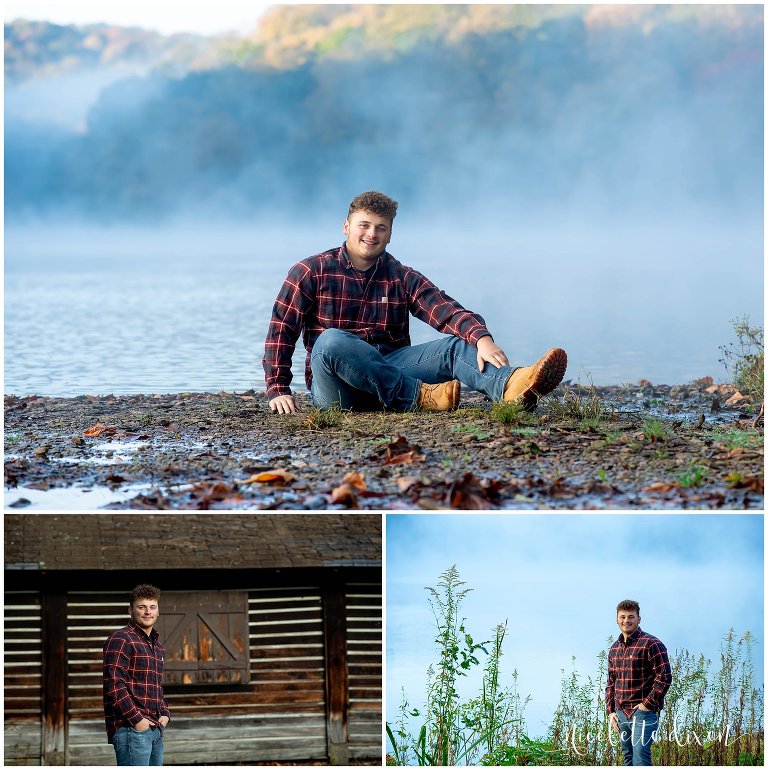 High School Senior Boy Sitting By the Lake in the Fog at Brady's Run Park near Pittsburgh