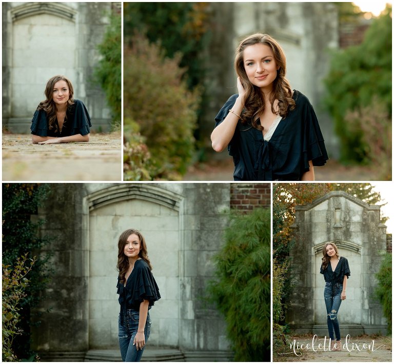 High School Senior Girl Standing on Path in Front of Stone Wall in Mellon Park near Pittsburgh