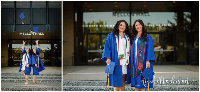 College Graduates Standing on Steps in Front of Mellon Hall on Duquesne University Campus in Pittsburgh