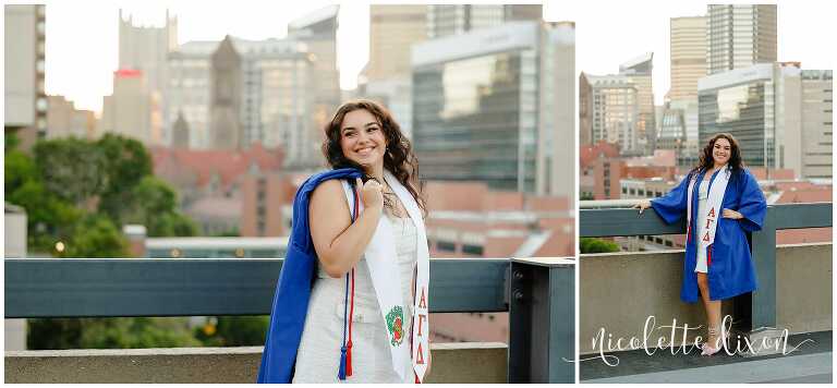 College Graduate Looking over Shoulder in front of City Skyline at Duquesne University Campus in Pittsburgh