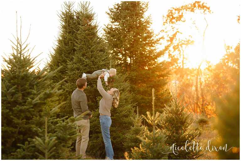 Mom holding up one year old baby at Aliison's Christmas Tree Farm near Pittsburgh PA