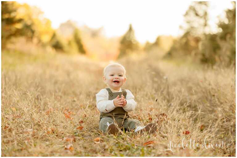 One year old baby boy sitting in grass at Aliison's Christmas Tree Farm near Pittsburgh PA