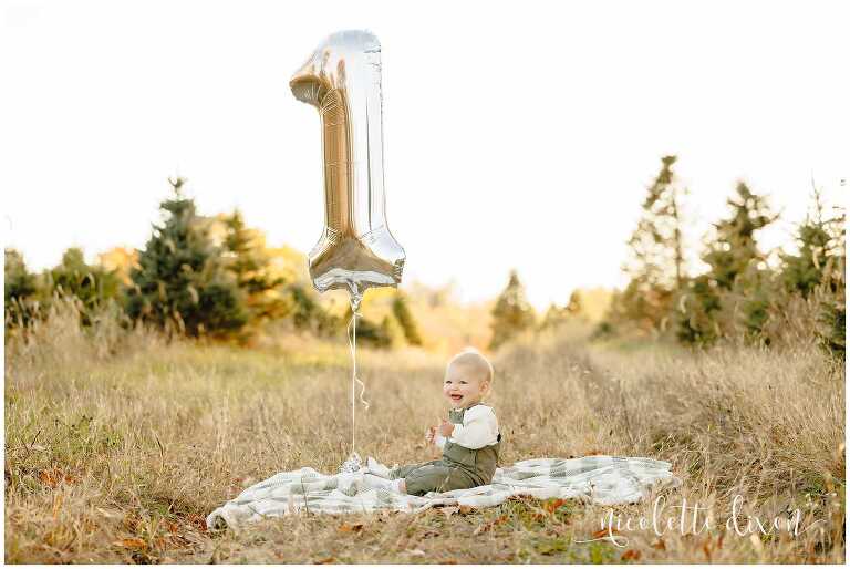 One year old baby boy sitting next to silver 1 balloon at Aliison's Christmas Tree Farm near Pittsburgh PA